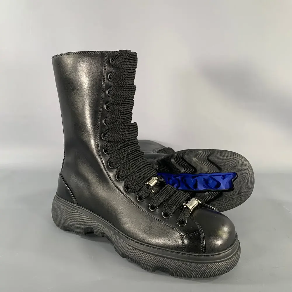 BURBERRY Size 10 Black Leather Lace Up Boots